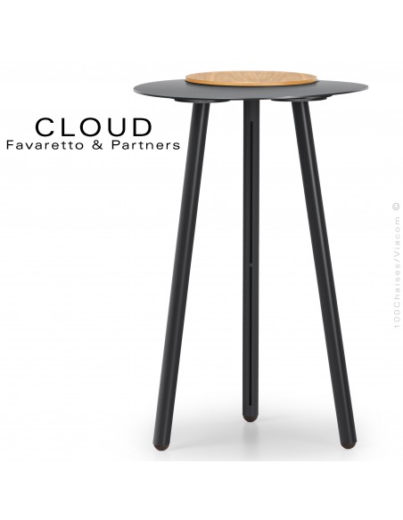 Petite table d'appoint design CLOUD, piétement et plateau acier peint noir, deuxième plateau amovible chêne massif vernis.