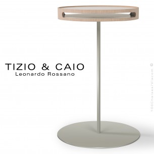 Petite table d'appoint déco TIZIO & CAIO, piétement et plateau acier peint, plateau amovible bois, finition placage vernis.
