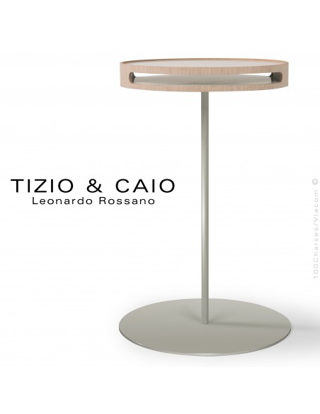 Petite table d'appoint déco TIZIO & CAIO, piétement et plateau acier peint, plateau amovible bois, finition placage vernis.