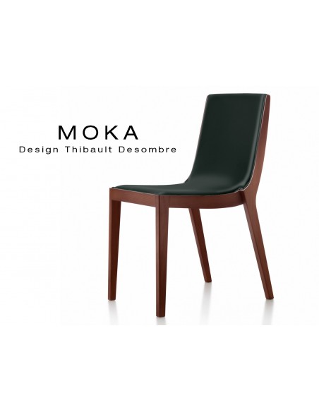 Chaise design MOKA en bois, vernis acajou, assise rembourrée, capitonnée cuir noir.