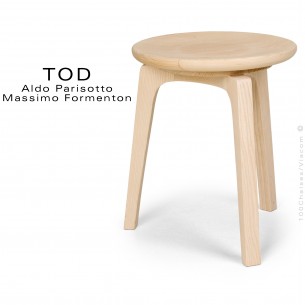 Petit tabouret design TOD, structure bois massif de Frêne, Chêne ou noyer, finition vernis ou peint au choix.