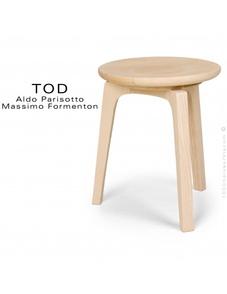 Petit tabouret design TOD, structure bois massif de Frêne, Chêne ou noyer, finition vernis ou peint au choix.