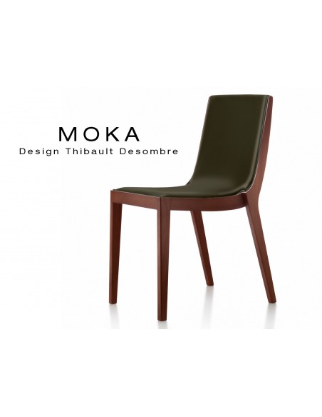 Chaise design MOKA en bois, vernis acajou, assise rembourrée, capitonnée cuir chocolat.