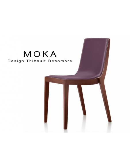 Chaise design MOKA en bois, vernis acajou, assise rembourrée, capitonnée cuir groseille.