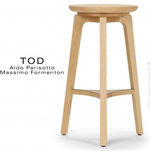 Tabouret de bar bois massif design TOD, trois essences bois de Frêne, Chêne, noyer, vernis au choix.