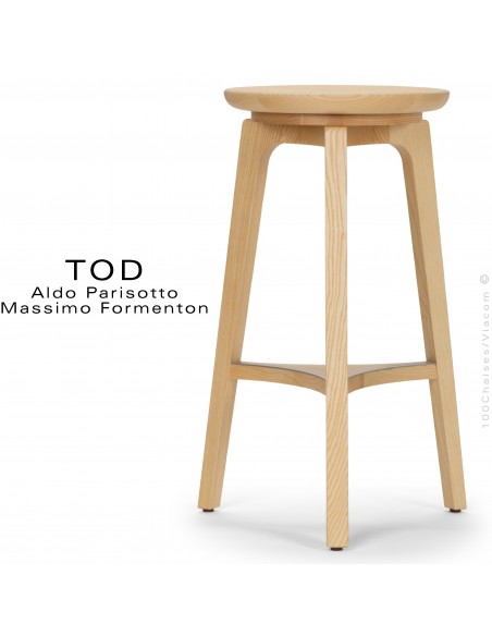 Tabouret de bar bois massif design TOD, trois essences bois de Frêne, Chêne, noyer, vernis au choix.