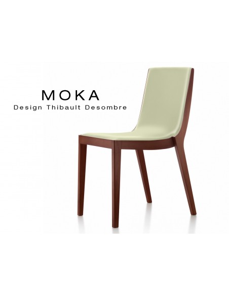 Chaise design MOKA en bois, vernis acajou, assise rembourrée, capitonnée cuir blé.