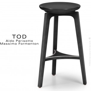 Tabouret bois massif design TOD, essence Frêne, finition peinture brillante, avec repose-pieds en fil d'inox.