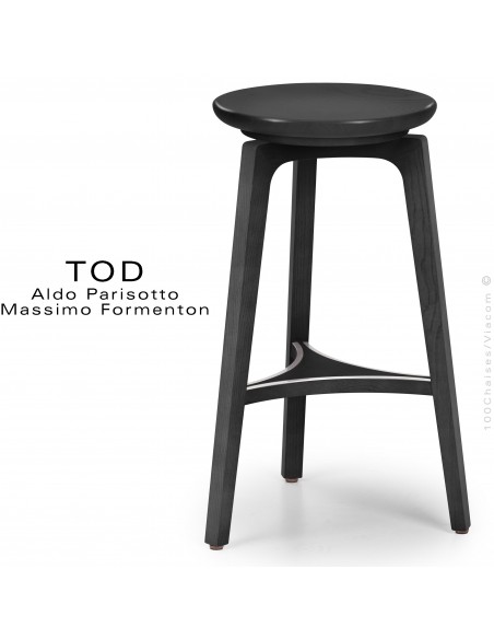 Tabouret bois massif design TOD, essence Frêne, finition peinture brillante, avec repose-pieds en fil d'inox.