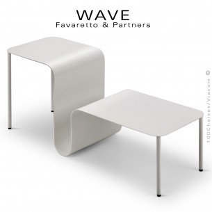 Table basse café avec porte-revues WAVE, piétement et structure acier peint brillant, couleur au choix.