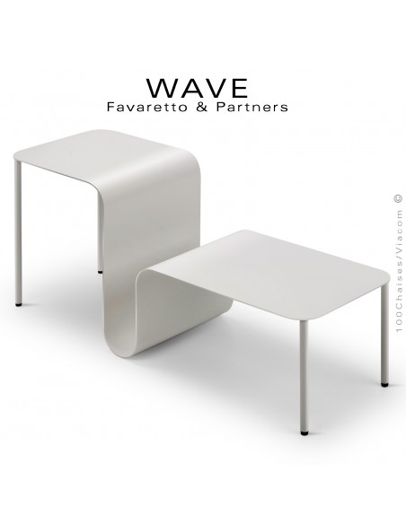Table basse café avec porte-revues WAVE, piétement et structure acier peint brillant, couleur au choix.