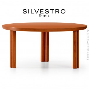 Table basse design en bois massif de Frêne peint SILVESTRO, plateau Ø70 cm., piétement trois doubles pieds.