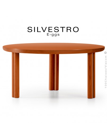Table basse design en bois massif de Frêne peint SILVESTRO, plateau Ø70 cm., piétement trois doubles pieds.