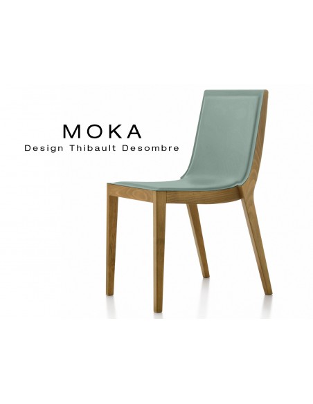 Chaise design MOKA en bois assise capitonnée cuir couvrant collé gris perle.