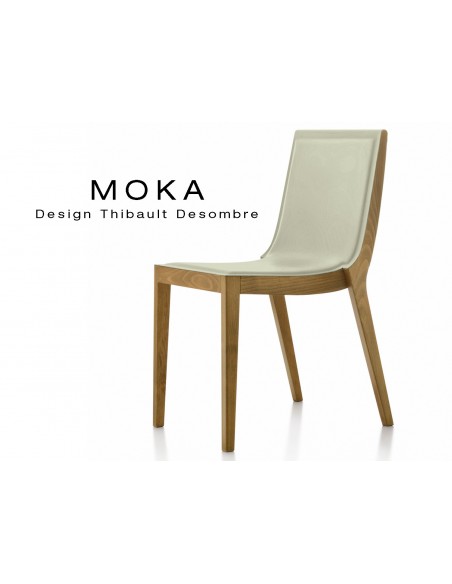 Chaise design MOKA en bois assise capitonnée cuir couvrant collé écru.