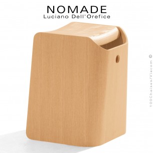 Tabouret design NOMADE, structure multiplis de bois de hêtre, finition placage bois Frêne ou Chêne, finition vernis au choix.