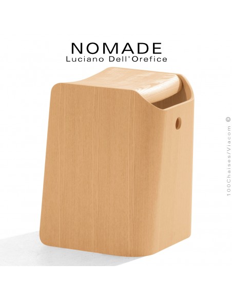 Tabouret design NOMADE, structure multiplis de bois de hêtre, finition placage bois Frêne ou Chêne, finition vernis au choix.