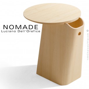 Table café design NOMADE, structure multiplis de bois de hêtre, finition placage bois Frêne ou Chêne, plateau Ø45 cm.