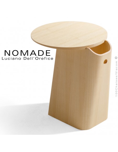 Table café design NOMADE, structure multiplis de bois de hêtre, finition placage bois Frêne ou Chêne, plateau Ø45 cm.