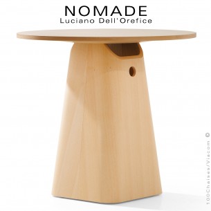 Table café NOMADE, structure et piétement bois de Frêne ou Chêne, plateau Ø80 cm., hauteur 73,5 cm.