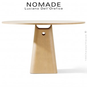 Table café NOMADE, structure et piétement bois de Frêne ou Chêne, plateau Ø120 cm., hauteur 73,5 cm.