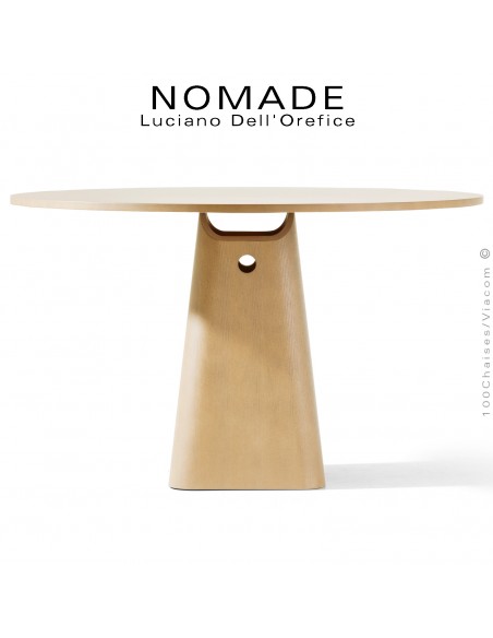 Table café NOMADE, structure et piétement bois de Frêne ou Chêne, plateau Ø120 cm., hauteur 73,5 cm.