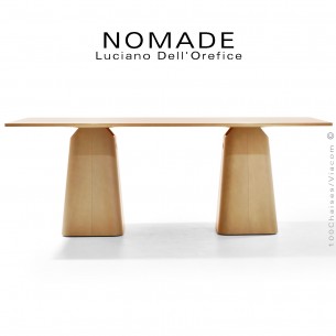 Grande table repas NOMADE, structure et piétement bois de Frêne ou Chêne, plateau 200x90 cm., hauteur 73,5 cm.