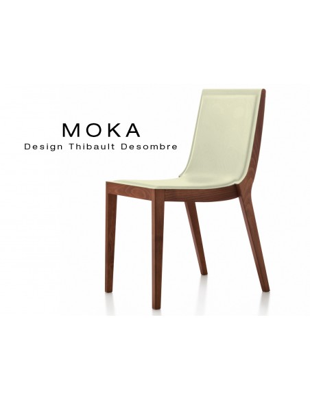 Chaise design MOKA en bois, vernis acajou, assise capitonnée cuir couvrant collé blé.