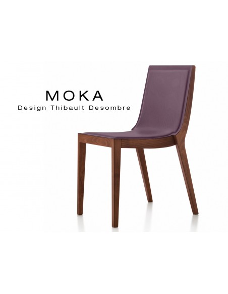 Chaise design MOKA en bois, vernis acajou, assise capitonnée cuir couvrant collé groseille.
