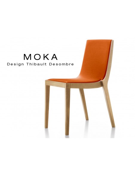Chaise design MOKA en bois assise capitonnée tissu King-L, couleur orange.