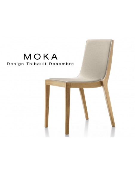 Chaise design MOKA en bois assise capitonnée tissu King-L, couleur crème.