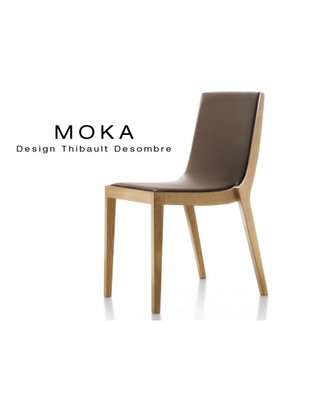 Chaise design MOKA en bois assise capitonnée tissu King-L, couleur marron.