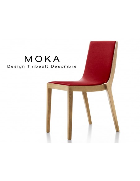 Chaise design MOKA en bois assise capitonnée tissu King-L, couleur rouge.