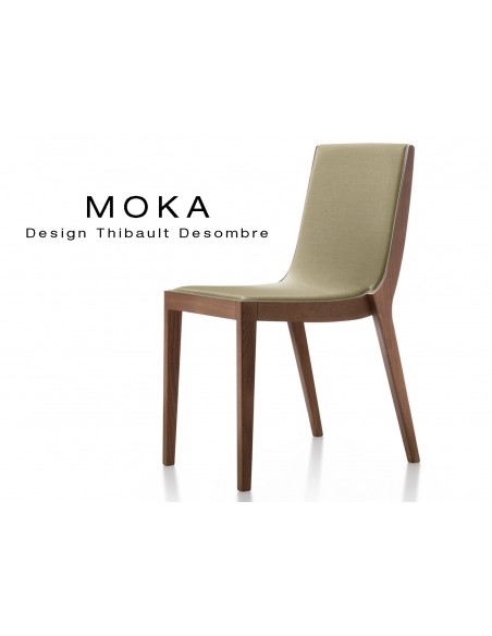 Chaise design MOKA en bois finition acajou, assise capitonnée tissu King-L, couleur chanvre.