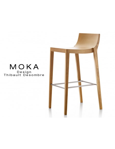 Tabouret design MOKA assise en bois avec demi dossier, finition hêtre naturel. Repose-pieds en tube d'aluminium.