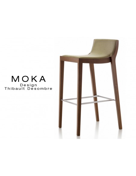 Tabouret design MOKA, finition bois vernis acajou, assise capitonnée tissu chanvre.