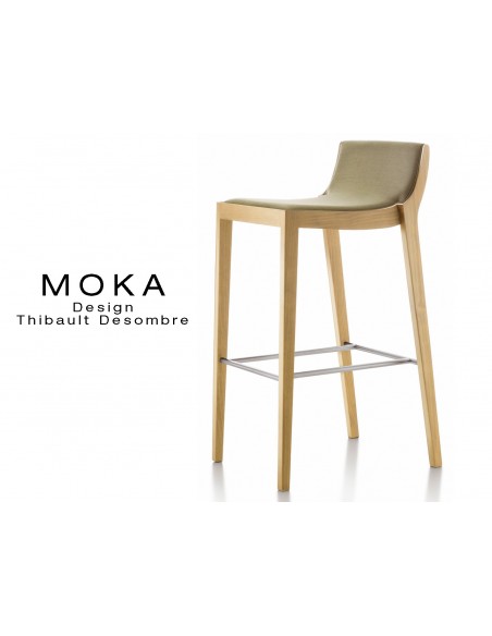 Tabouret design MOKA, finition bois vernis hêtre naturel, assise capitonnée tissu chanvre.