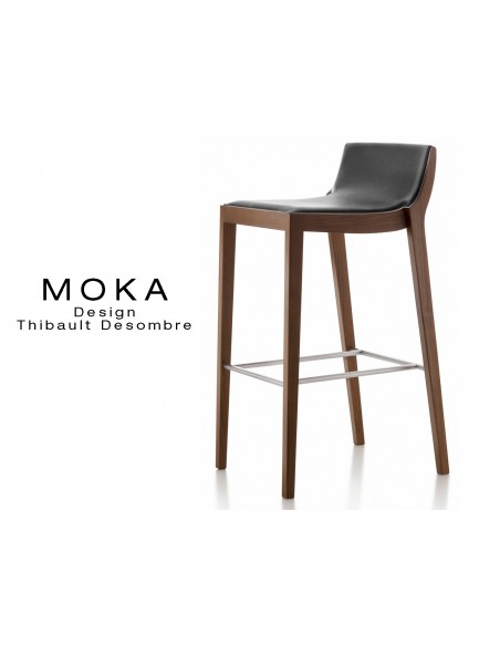 Tabouret design MOKA assise rembourrée, vernis acajou, habillage cuir couleur noire.