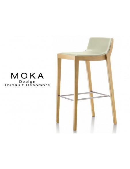 Tabouret design MOKA assise rembourrée, vernis hêtre naturel, habillage cuir couleur blé.