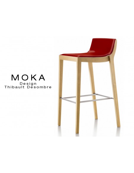Tabouret design MOKA assise rembourrée, vernis hêtre naturel, habillage cuir couleur rouge carmin.