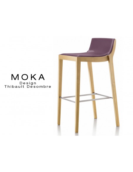 Tabouret design MOKA assise rembourrée, vernis hêtre naturel, habillage cuir couleur groseille.