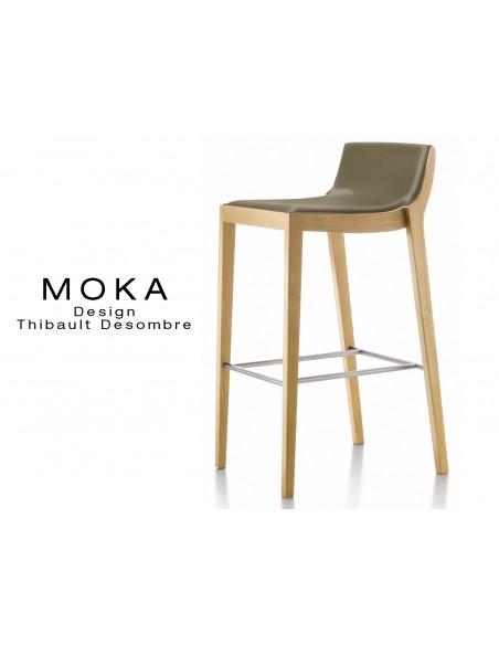 Tabouret design MOKA assise rembourrée, vernis hêtre naturel, habillage cuir couleur havane.