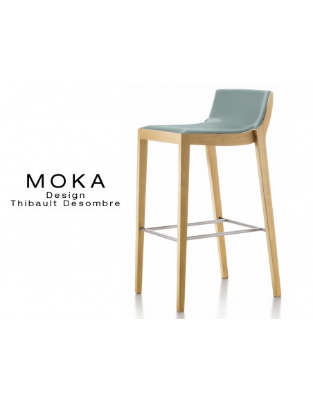 Tabouret design MOKA assise rembourrée, vernis hêtre naturel, habillage cuir couleur gris perle.