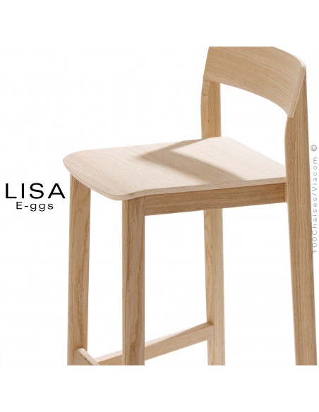 Tabouret bois massif de Frêne LISA, pour cuisine ou îlot central, avec repose pieds, finition vernis.