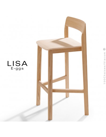 Tabouret bois massif de Frêne LISA, pour cuisine ou îlot central, avec repose pieds, finition vernis.