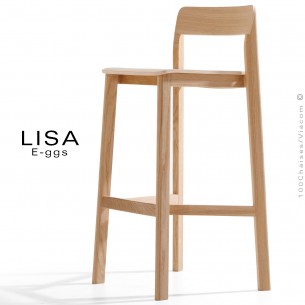 Tabouret bois massif de Frêne LISA, pour cuisine ou îlot central, avec repose pieds, finition vernis.