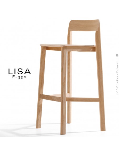 Tabouret bois massif de Frêne LISA, pour cuisine ou îlot central, avec repose pieds, finition vernis.