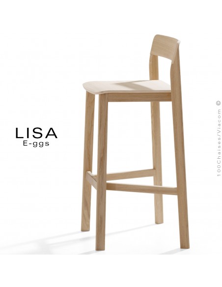 Tabouret bois massif de Frêne LISA, pour cuisine ou îlot central, avec repose pieds, finition vernis.