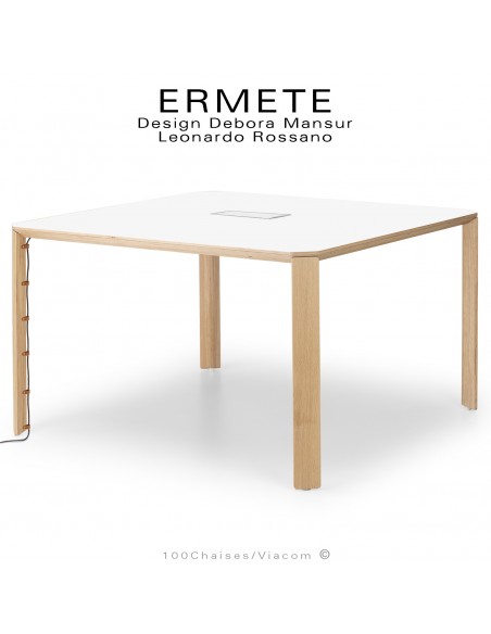 Table carré en bois ERMETE, 4 pieds en bois de chêne massif, plateau placage stratifié blanc.