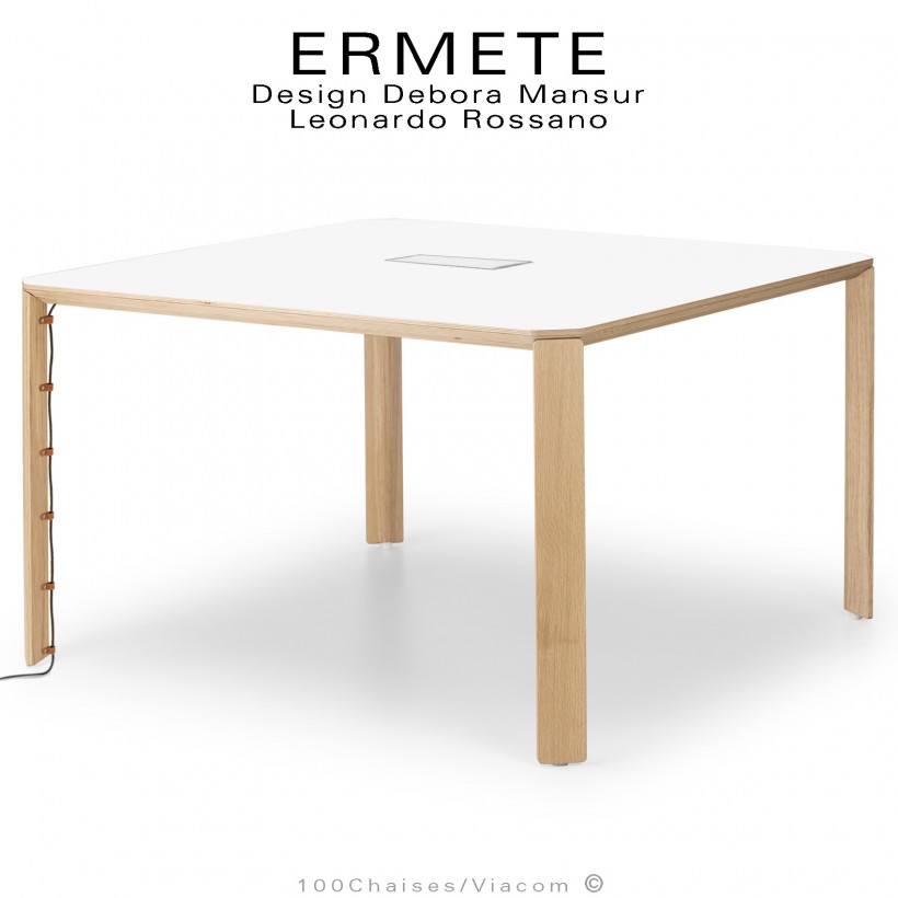 Table carré en bois ERMETE, 4 pieds en bois de chêne massif, plateau placage stratifié blanc.